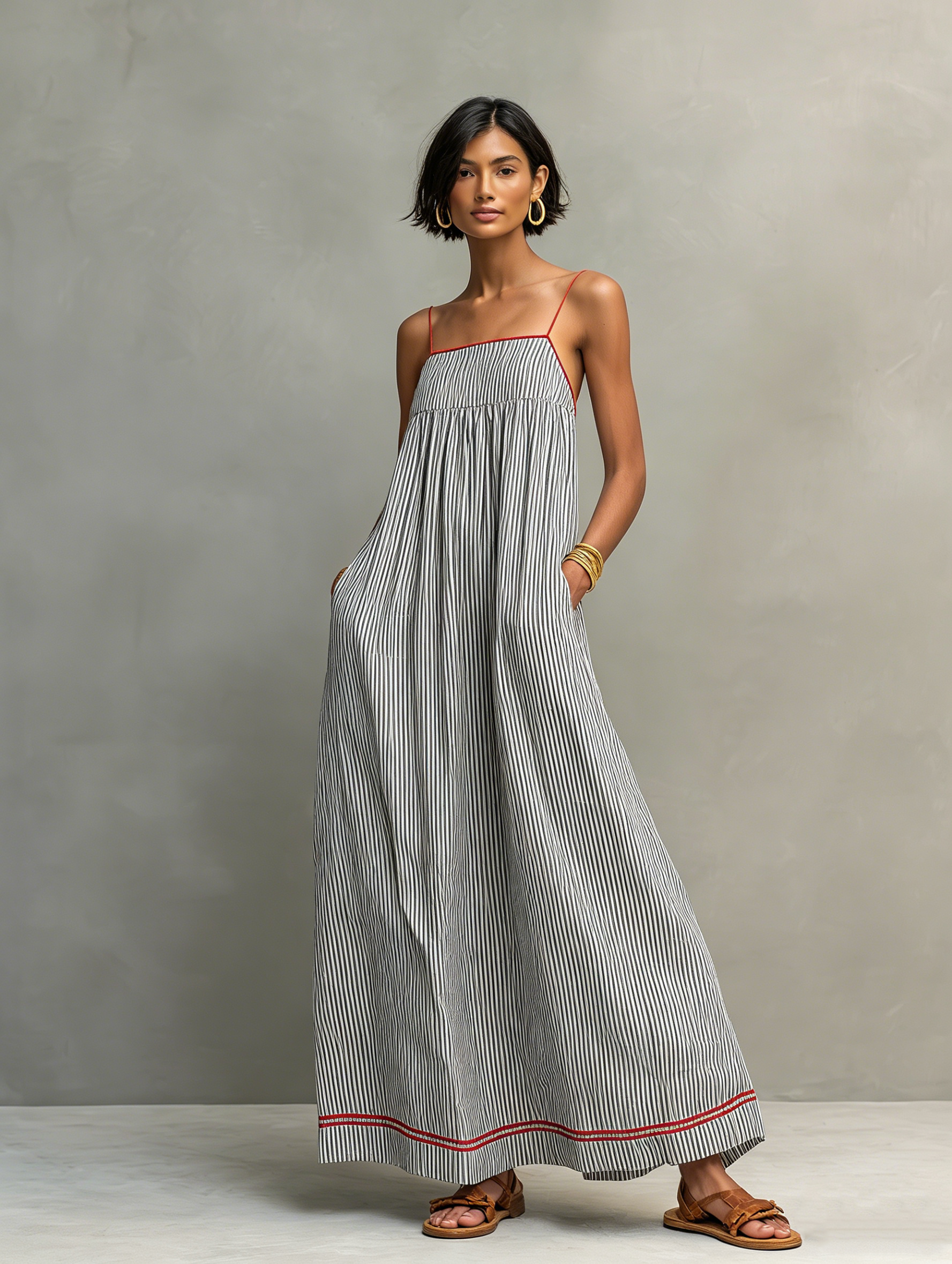 black and red striped maxi dress Women's Minimalist Striped Maxi Dress With Red Trim And Spaghetti Stra –  Modesees