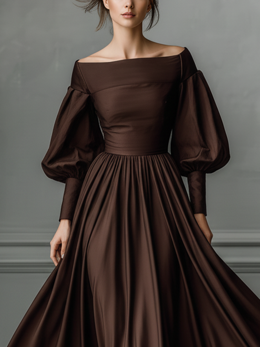 Women's Dark Brown Satin Off-shoulder Puff Sleeve Long Dress MDA2034K5T