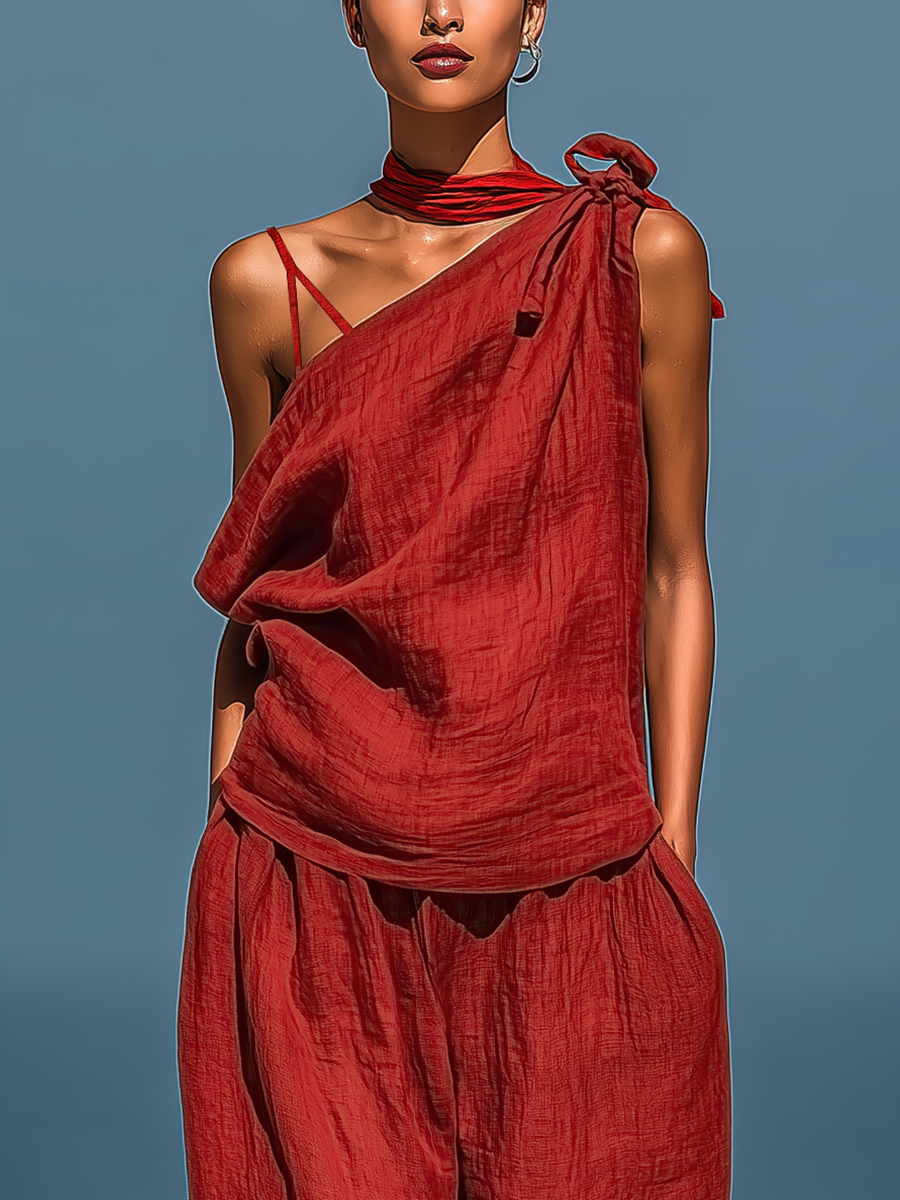 Women’s Red Linen-Blend Two-Piece Set: Asymmetrical One-Shoulder Top (Without Neck Scarf) & Wide-Leg Pants With Pockets MDZ2201D4T