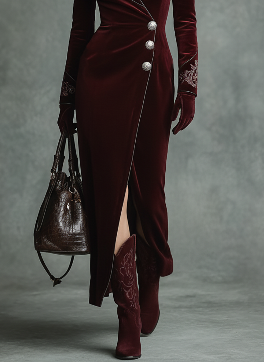 Women's V-neck Embroidered Fitted Waist Maxi Dress (gloves Not Included) MDA2896J4Y