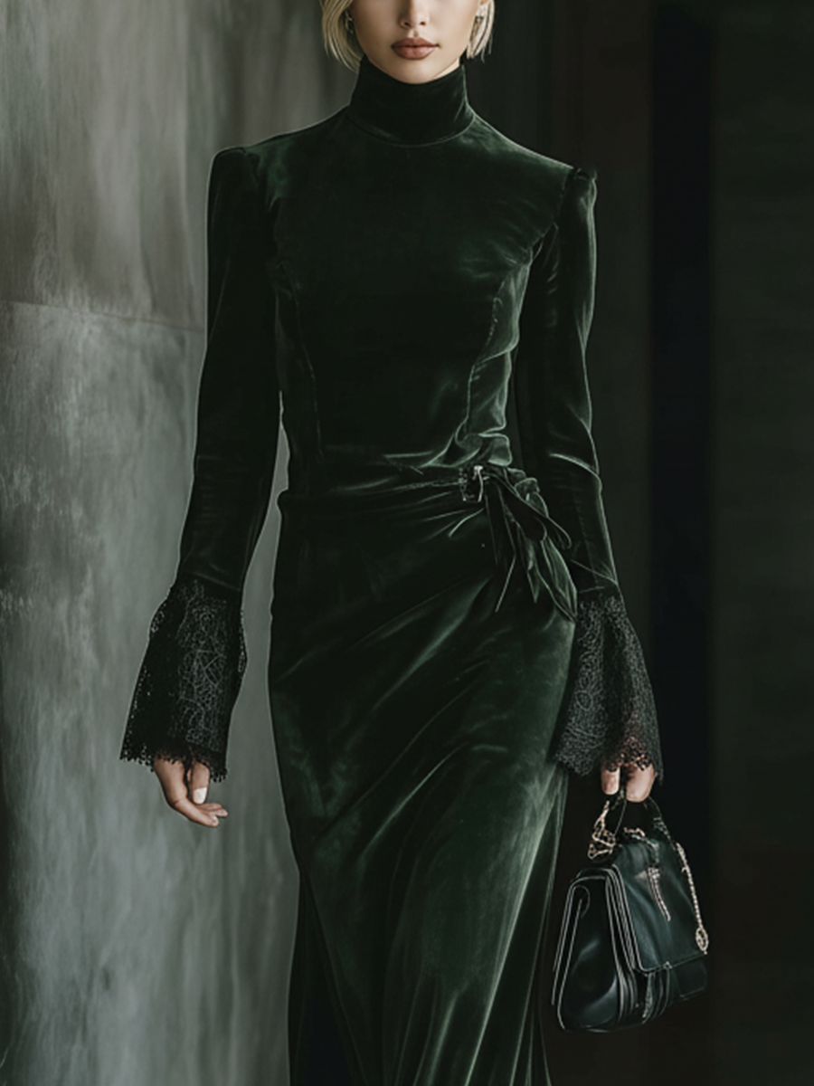 Women's Dark Green Velvet Slim-fit Maxi Dress MDA2076J0T