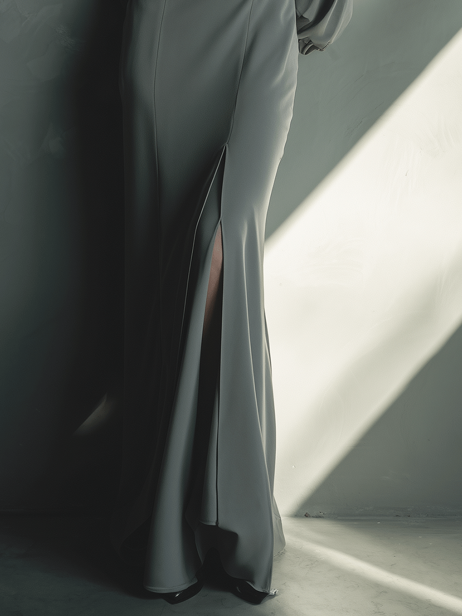 Women's Gray Slit Simple High-End Blended Maxi Dress MDA0279H5I