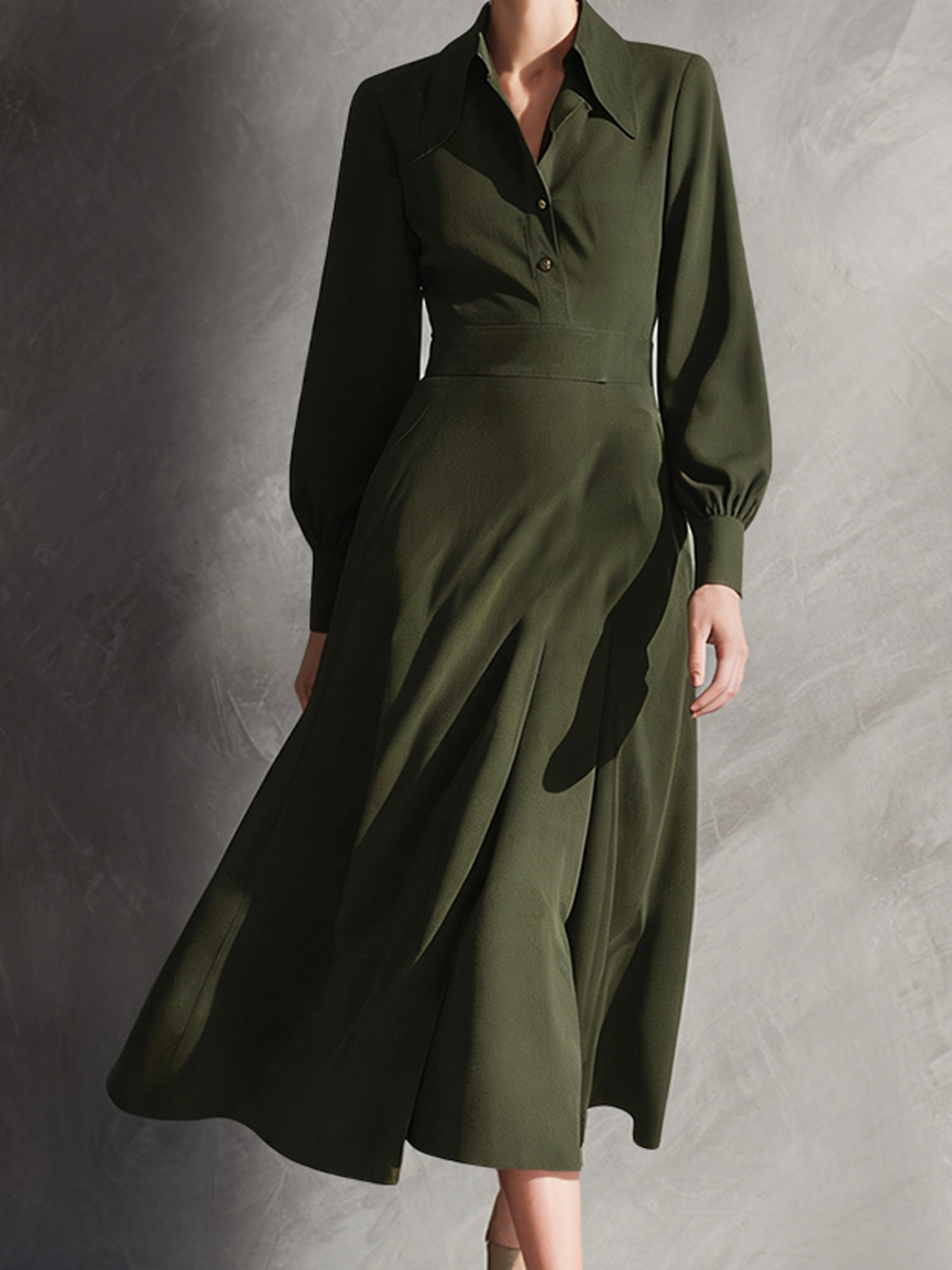 Women's Olive Green Shirt Collar Lantern Sleeve Midi Dress MDA0475L5AP
