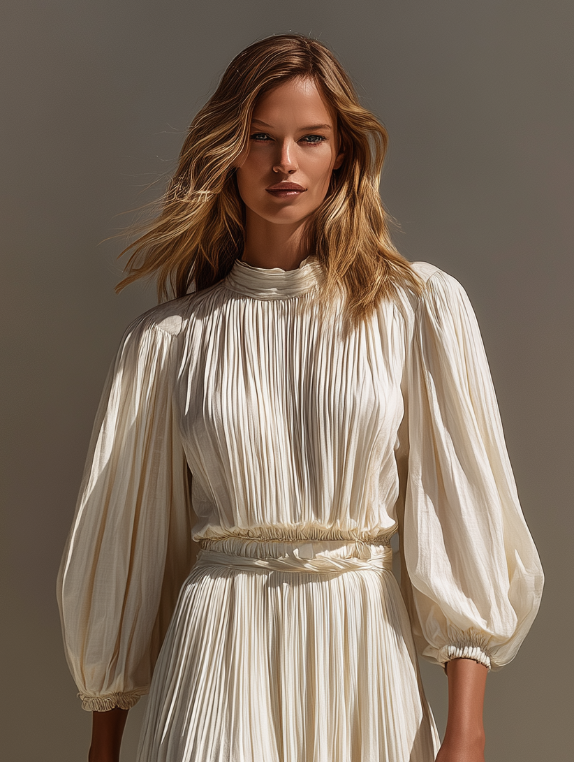 Women's Elegant And Fashionable White Loose-fitting Pleated Waist Elasticated Cuffs Mid-length Dress MDA1104K1AN