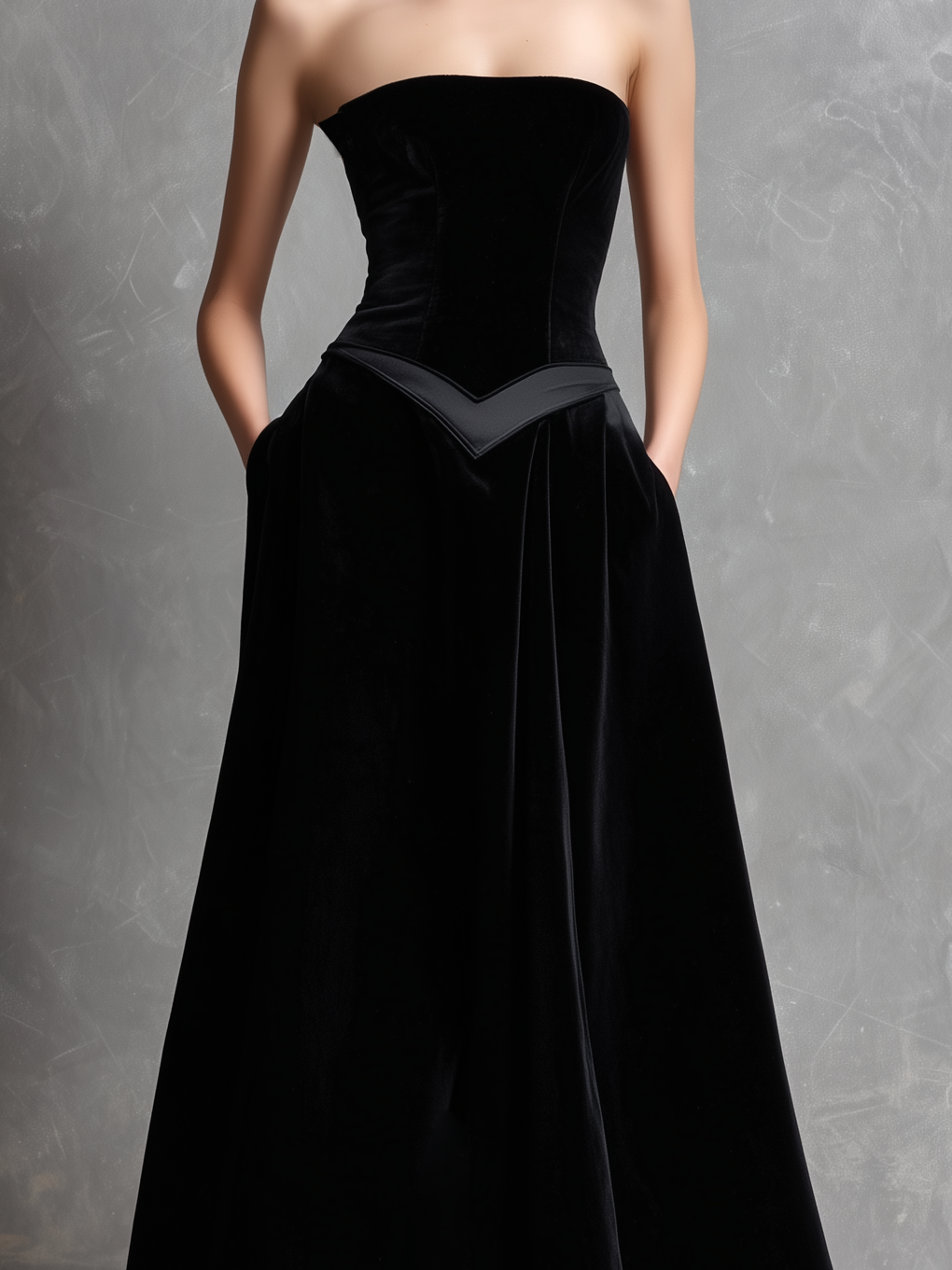 Women's Elegant Black Velvet Strapless Long Evening Dress MDA2522L5AN
