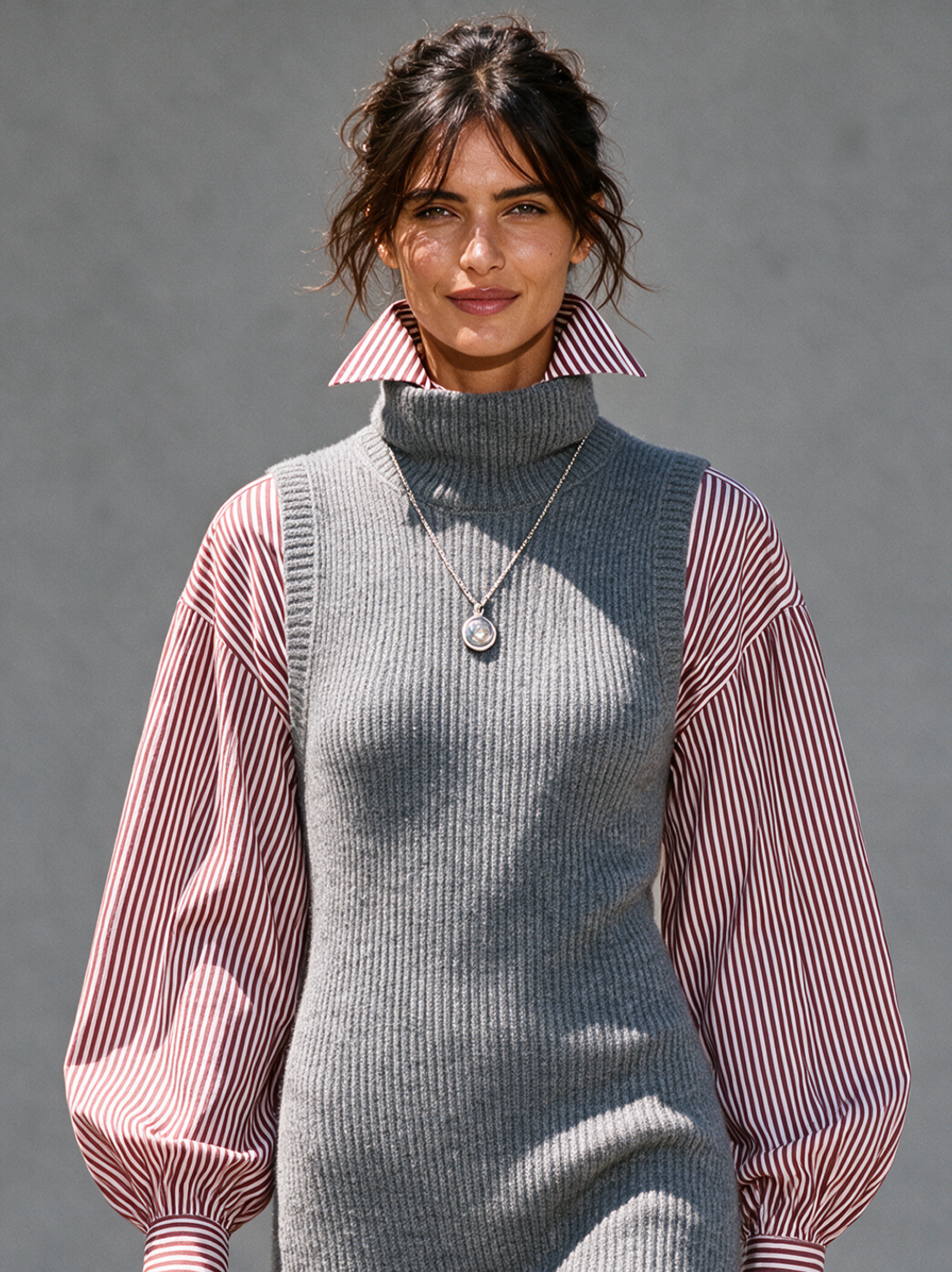 Women's Retro Mock-Neck Sweater Dress And Striped Long-Sleeve Shirt Set MDZ2130H9WY