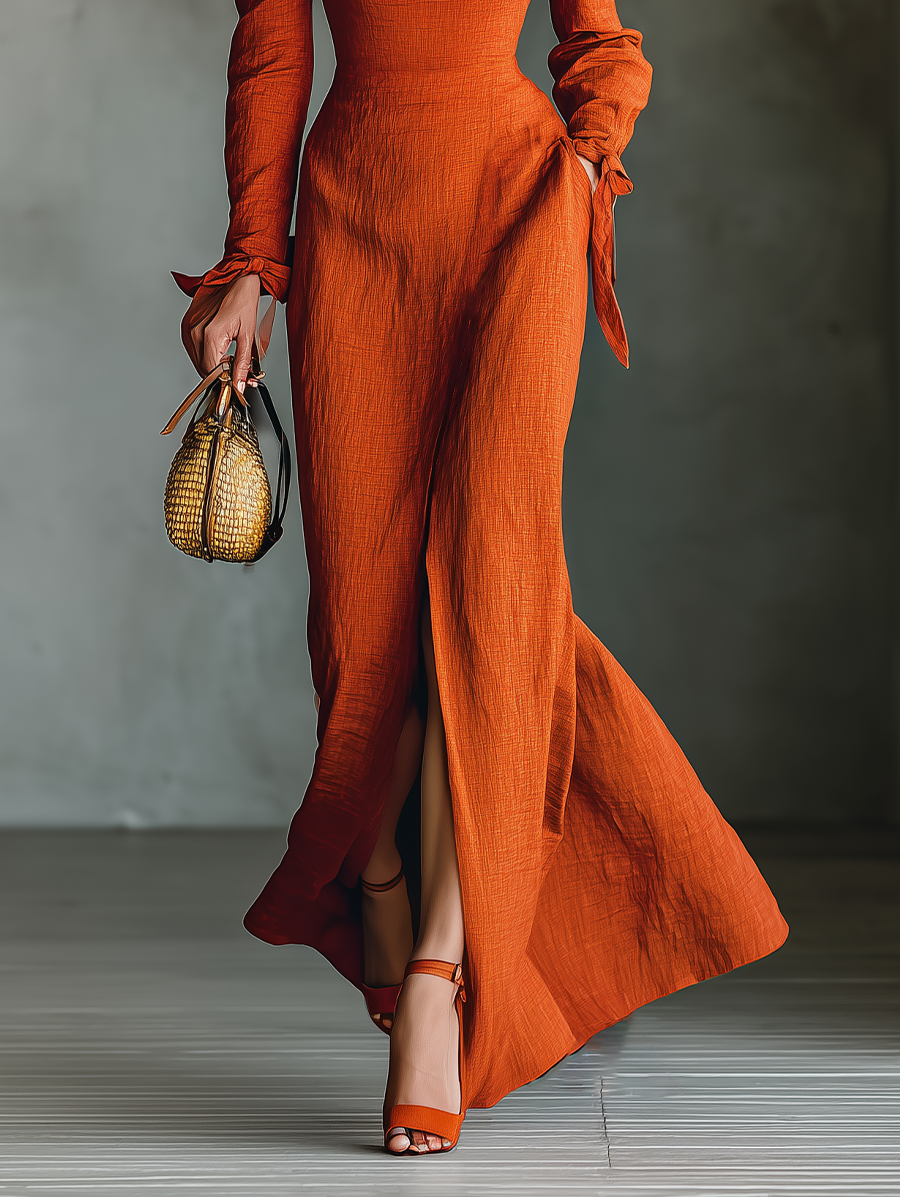 Women's Orange Square Neck Slit Maxi Dress MDA2293I2T