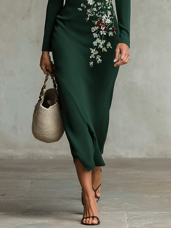 Women's Off-Shoulder Slim Fit Floral Embroidery Long Sleeve Maxi Dress MDA1522H6Y