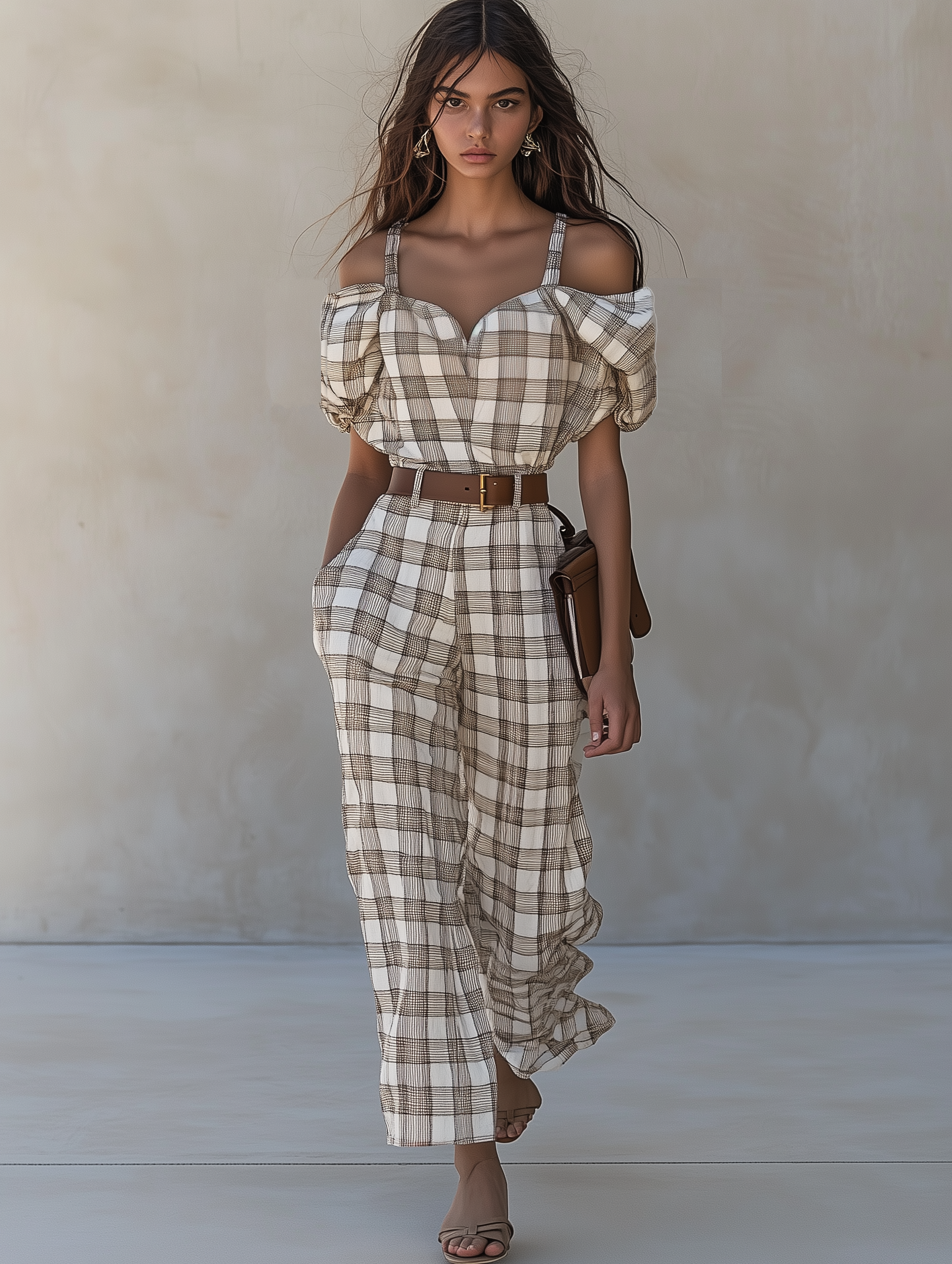 Women's Cold-Shoulder Plaid Wide-Leg Jumpsuit MDA2175G6T