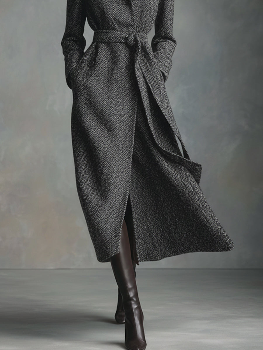 Women's Grey Elegant Herringbone Wool - Blend Belted Maxi Coat MDA1783I6I