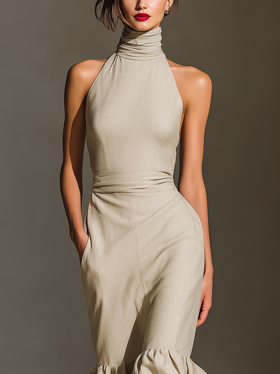 Women's Beige Cotton And Linen Blend Halter Turtleneck Midi Dress With Ruffled Hem MDZ1418A8T