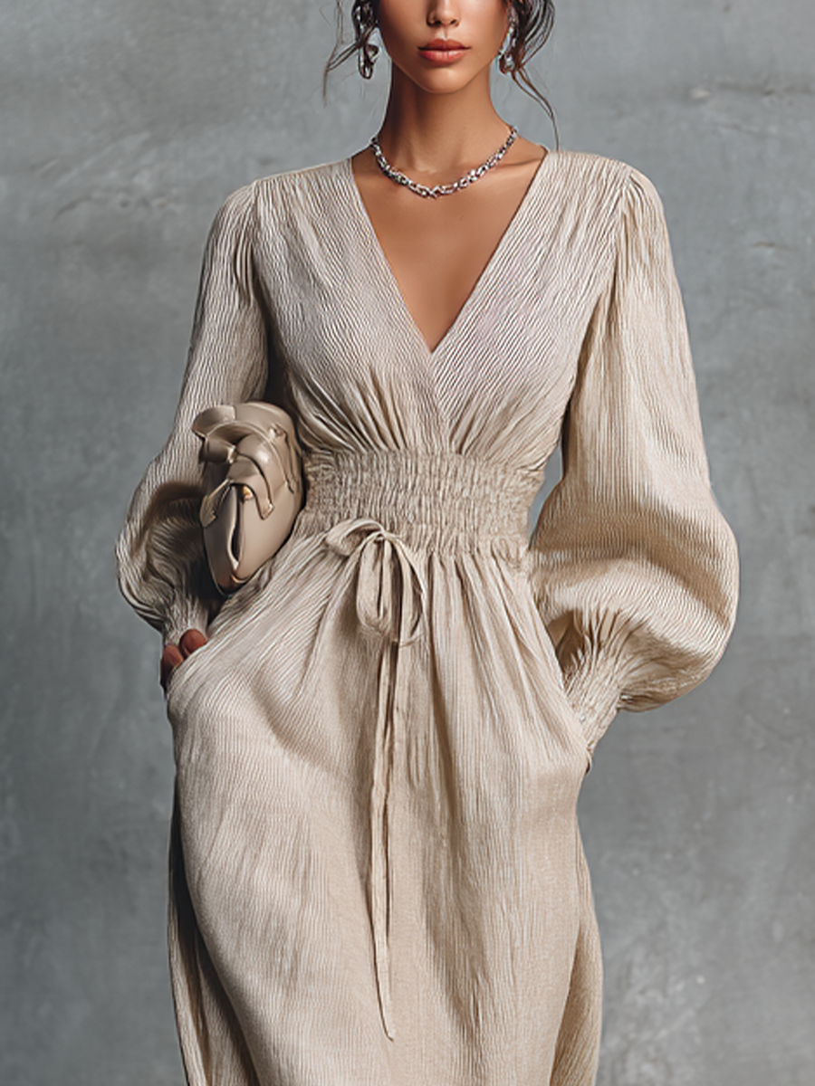 Women's Beige Cotton Linen Striped V-Neck Shirred Waist Maxi Dress MDZ0361C4BA