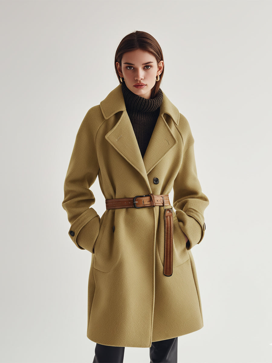 Women's Beige Wool-blend Elegant Belted Lapel Mid-Length Coat MDA3136J1I