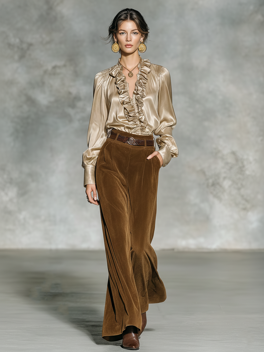 Women's Minimalist Satin Blouse And Faux Suede Flared Pants Set (belt Not Included) MDA2719K2Y