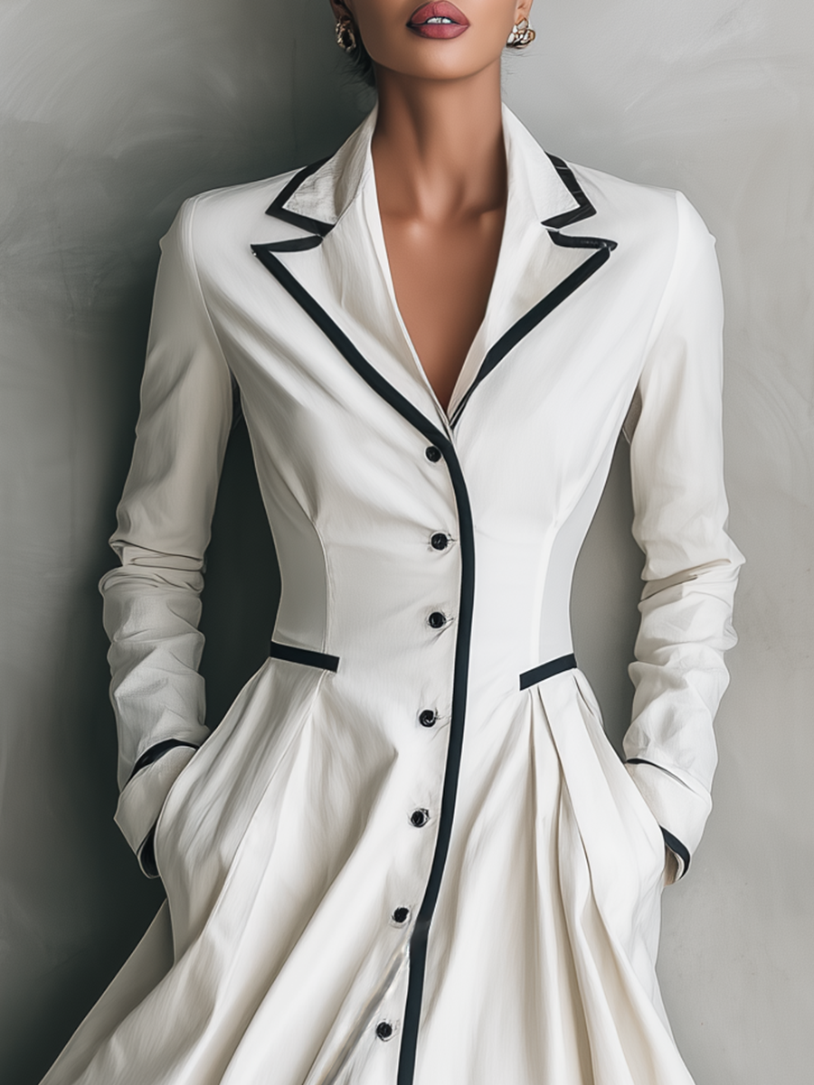 Women's White Cotton-Linen Blend Shirt Dress With Black Piping And Button-Front Midi Dress MDA2502G4T