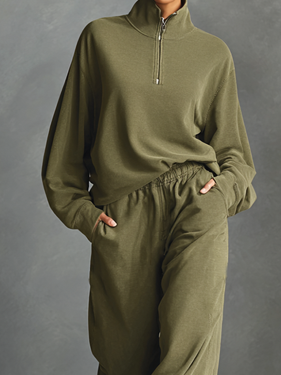 Women's Olive Green Half-Zip Sweatshirt And Loose Sweatpants Set MDA1755L3AP