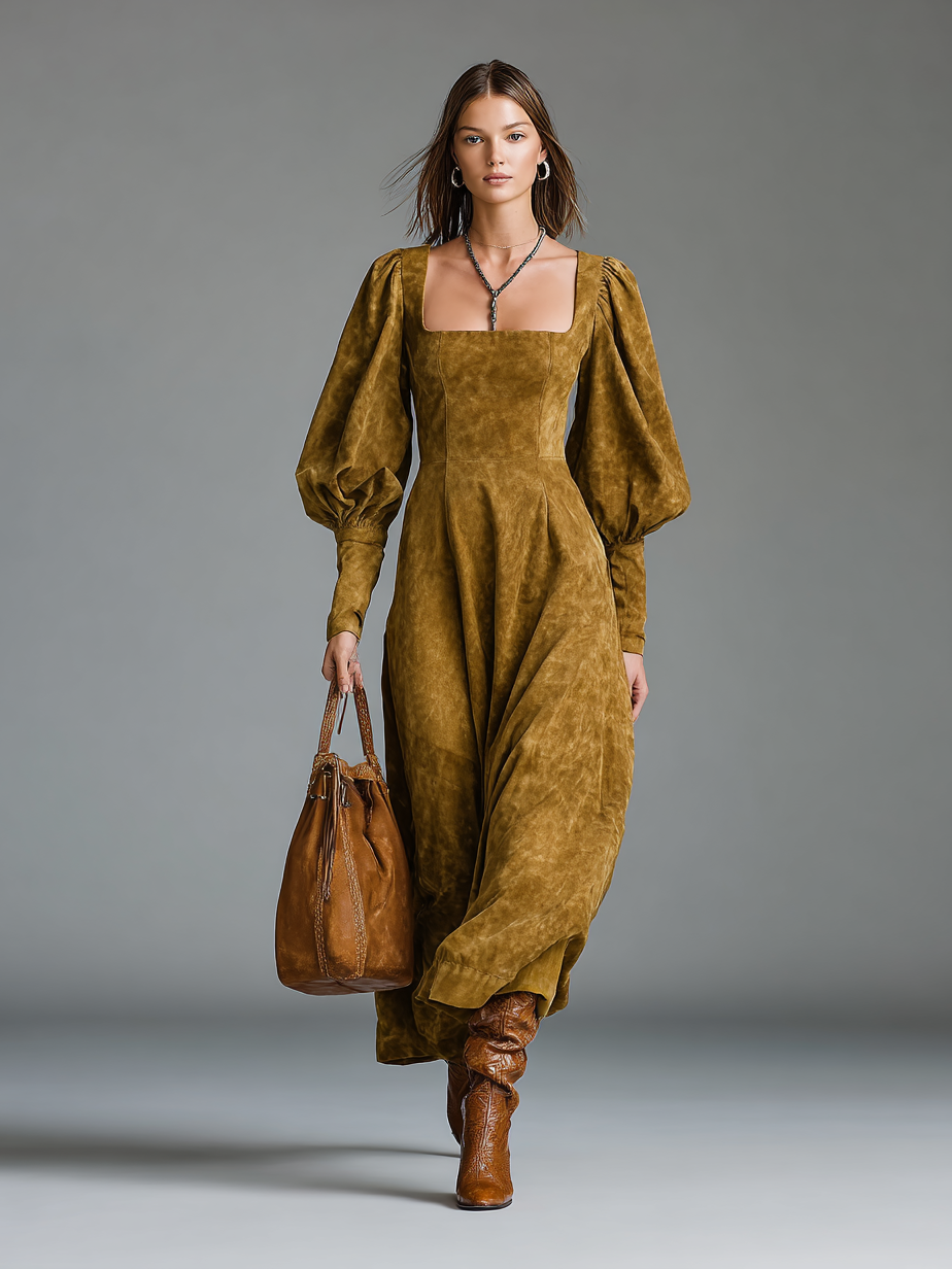 Women's Solid Color Environmentally Friendly Imitation Suede Pull Square Collar Long Sleeve Maxi Dress MDA0148H2Y