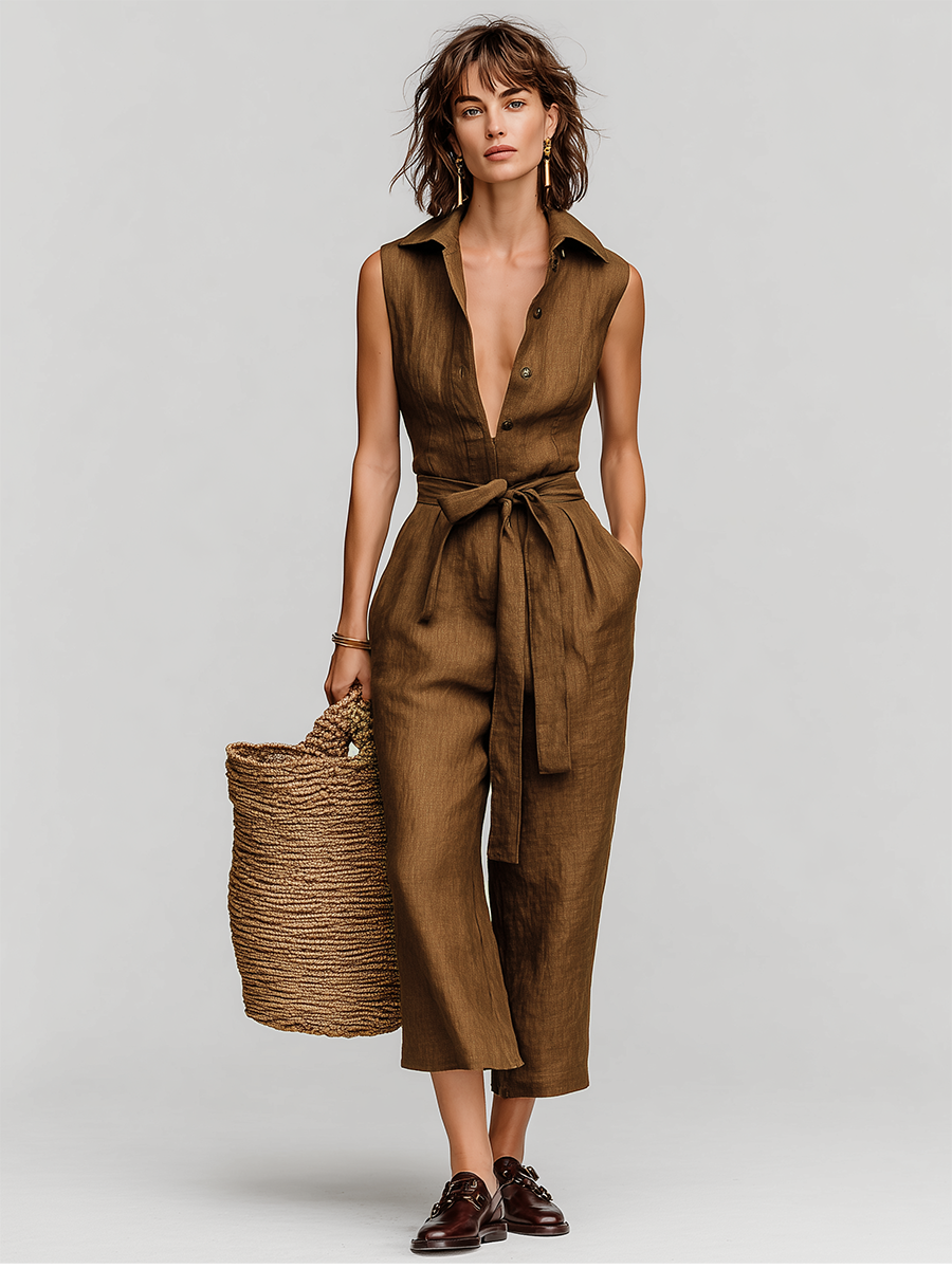 Women's Tobacco Brown Linen Jumpsuit With Self-Tie Waist & Collared V-Neck, Timeless Resort-Casual Style Jumpsuit MDZ0638B5I