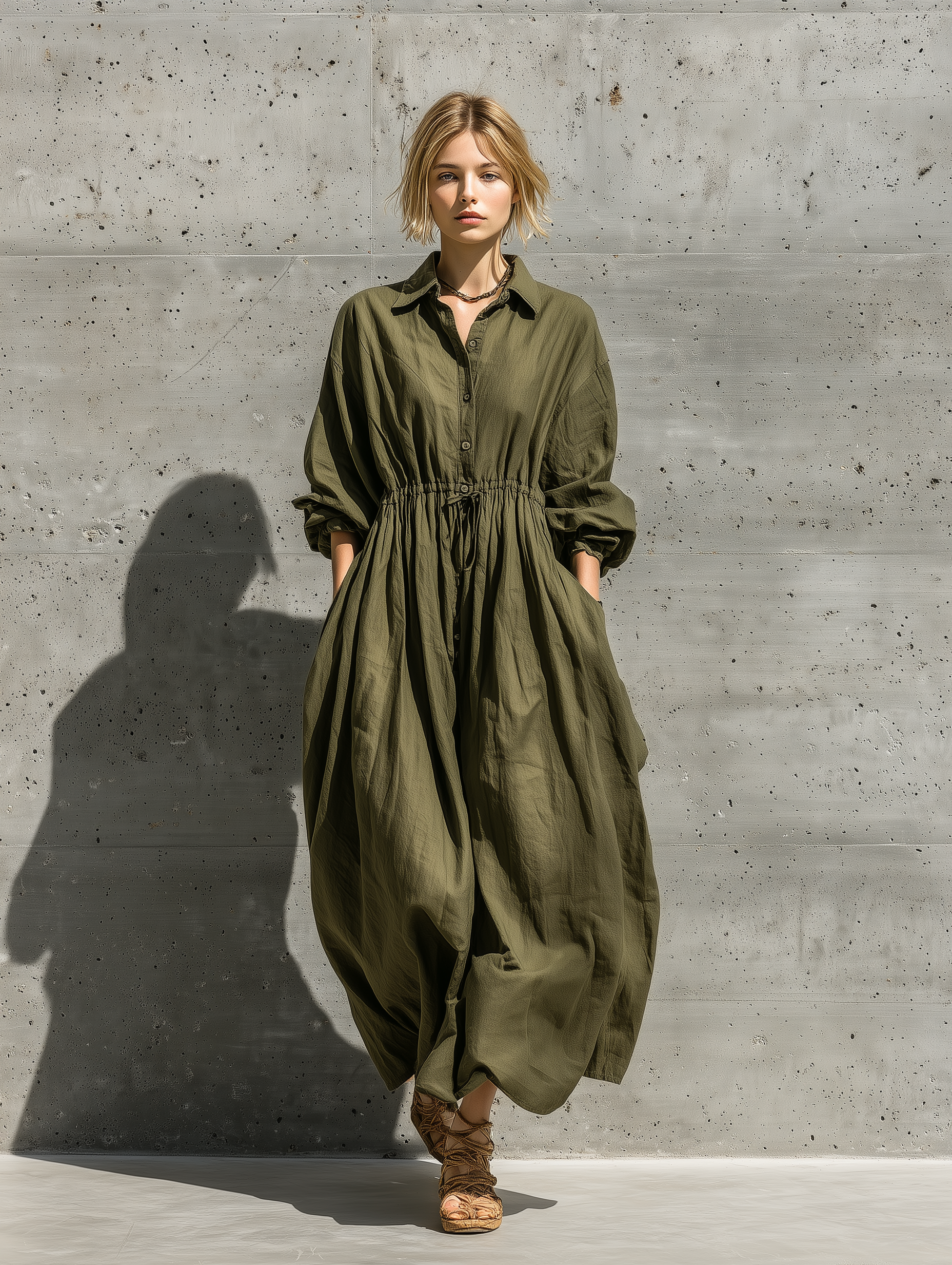 Women's Fashionable, Casual, And Versatile Military Green Long-sleeved Button-down Waist Pleated Maxi Dress MDA2588K4AN