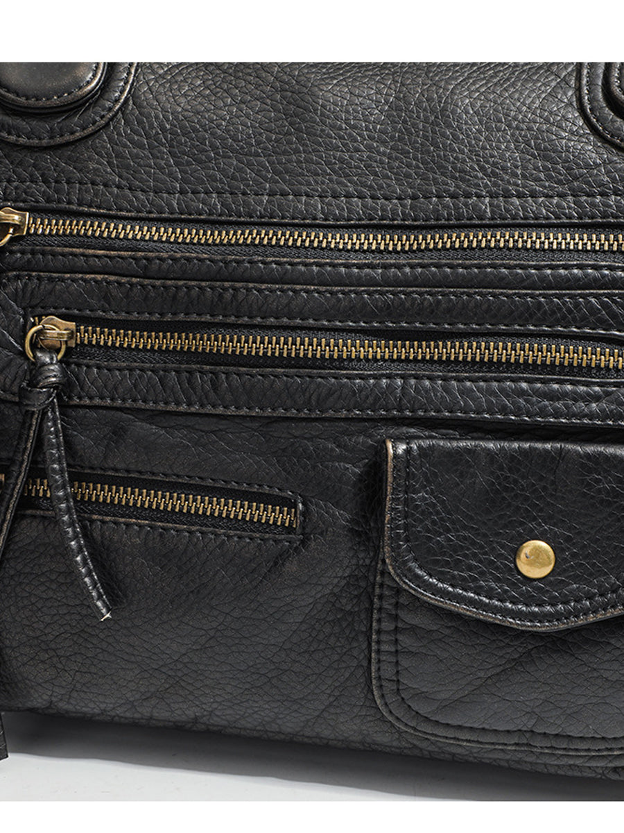 Women's Fashionable Distressed Multi-pocket Leather Handbag MDA0889H1Y