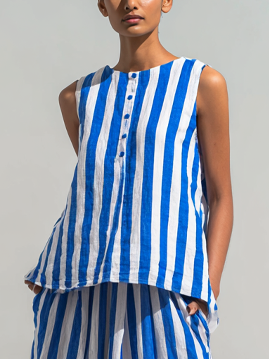 Women's Casual Blue And White Striped Sleeveless Top And Skirt Set MDZ2710B9BA