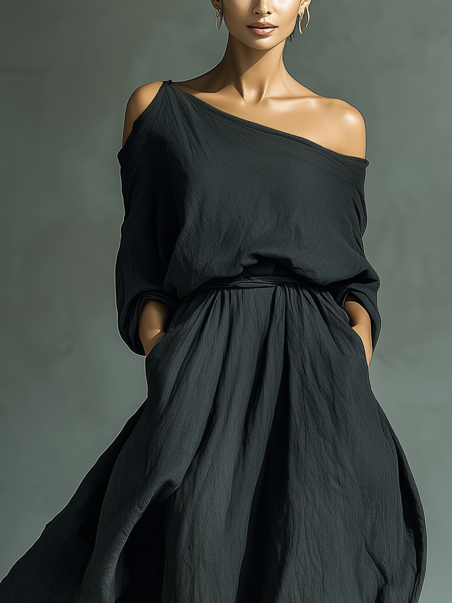 Women's Black Asymmetrical Off-the-shoulder Top And Skirt With Side Pockets Set MDZ2826B9T