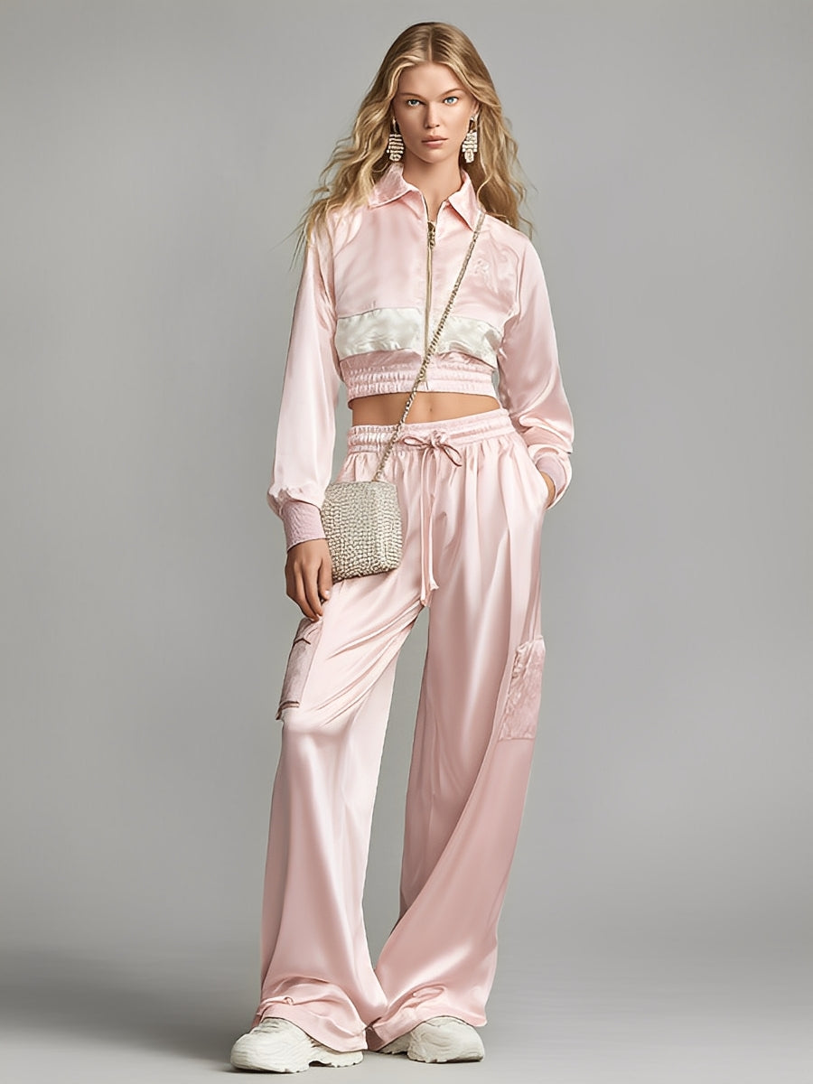 Women's Soft Pink Satin Set With Cropped Jacket & Wide-Leg Pants, Timeless Luxe-Casual Style Set MDA2511L2I