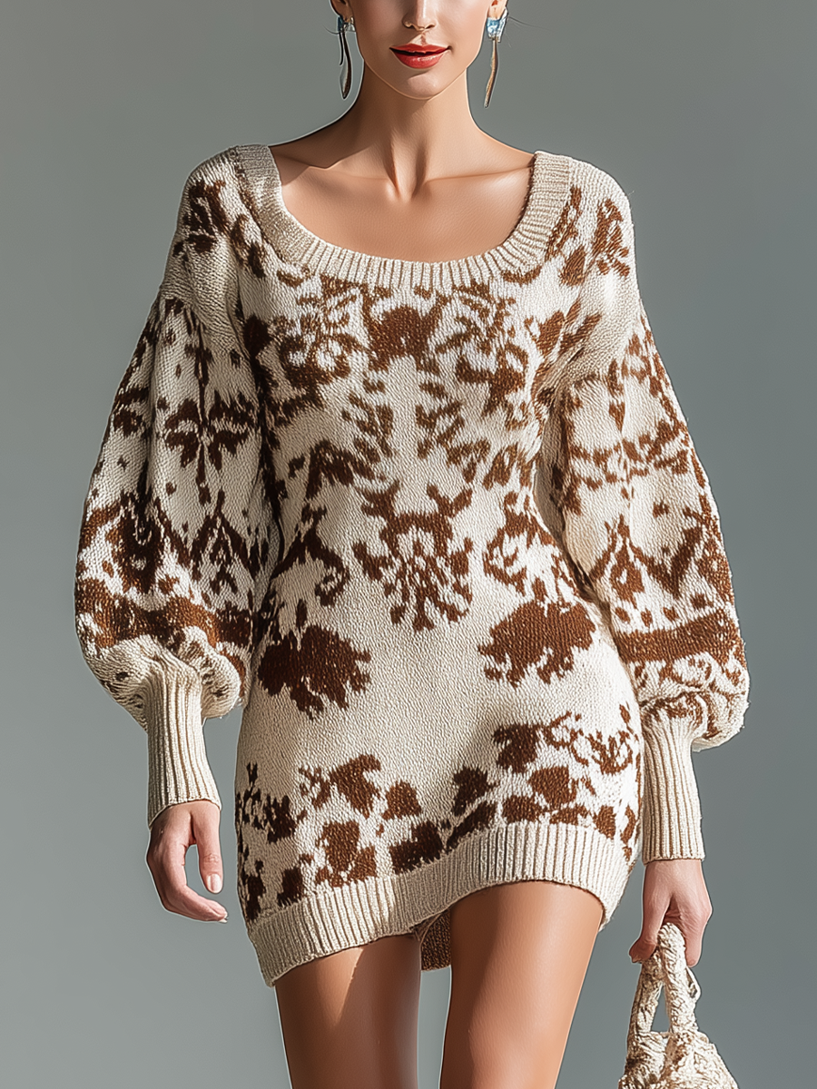 Women's Beige Knitted Brown Pattern Fashion Mini Dress MDA1174J6T