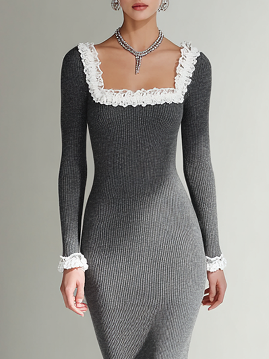 Women's Charcoal Gray Ribbed Knit Square Neck Lace Trim Midi Dress MDA2024L6AP