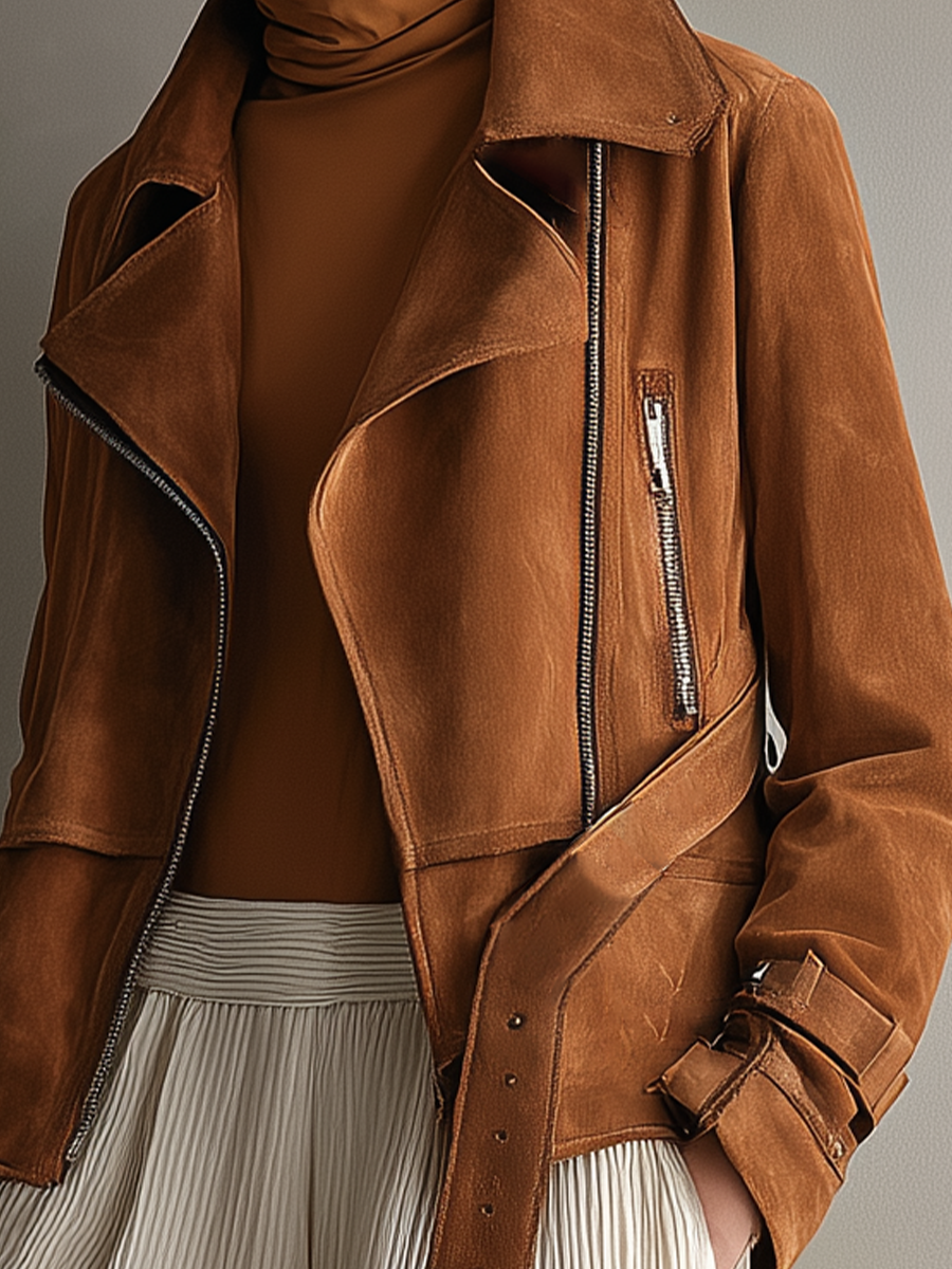 Women's Caramel-Colored Faux Suede Collared Short Jacket With Belt MDA3169J8T