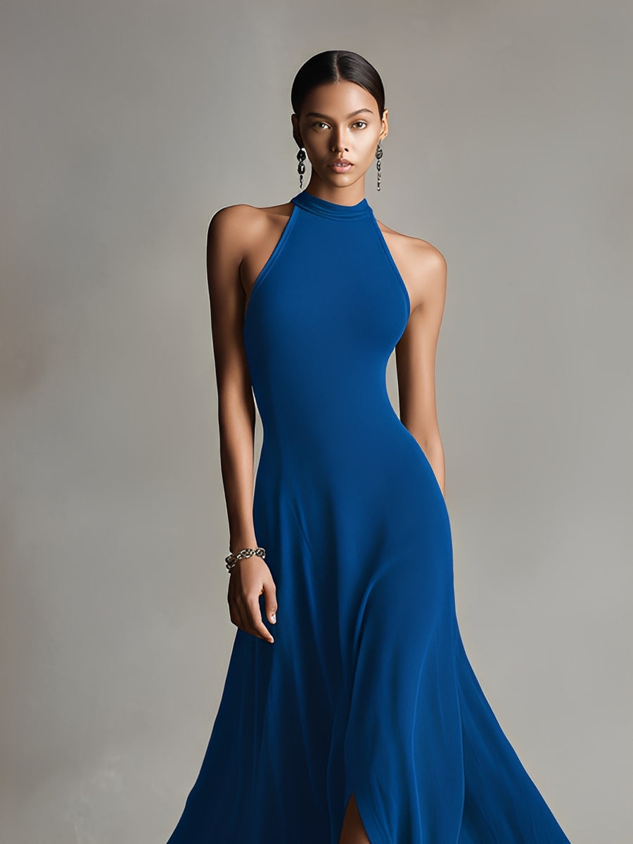 Women's Royal Blue Ribbed Knit Dress With Halter Neck & Side Slit, Timeless Sleek-Chic Style Dress MDZ0995A9I