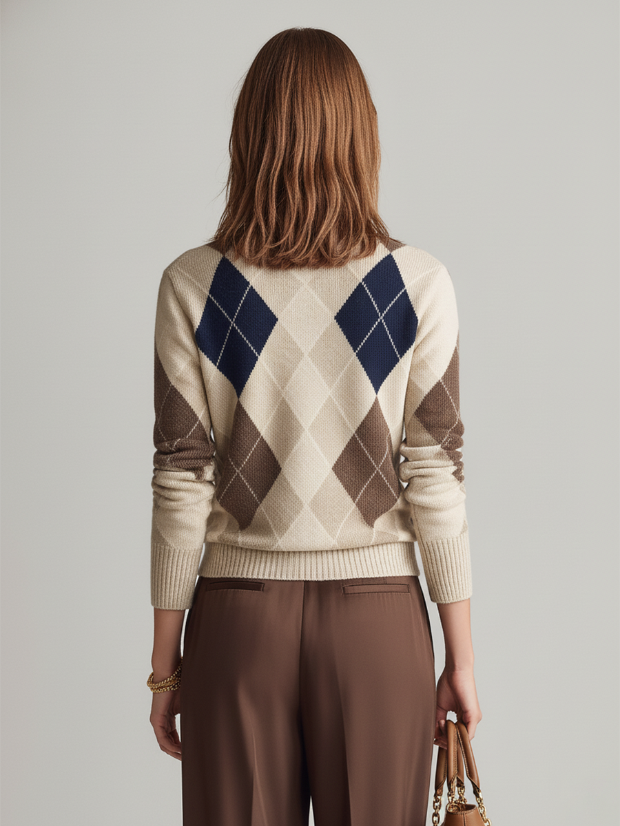 Women's Beige & Brown Argyle Knit Cardigan With Ribbed Trim & Short Length, Sophisticated Casual-Day Style Cardigan MDA2267L4I