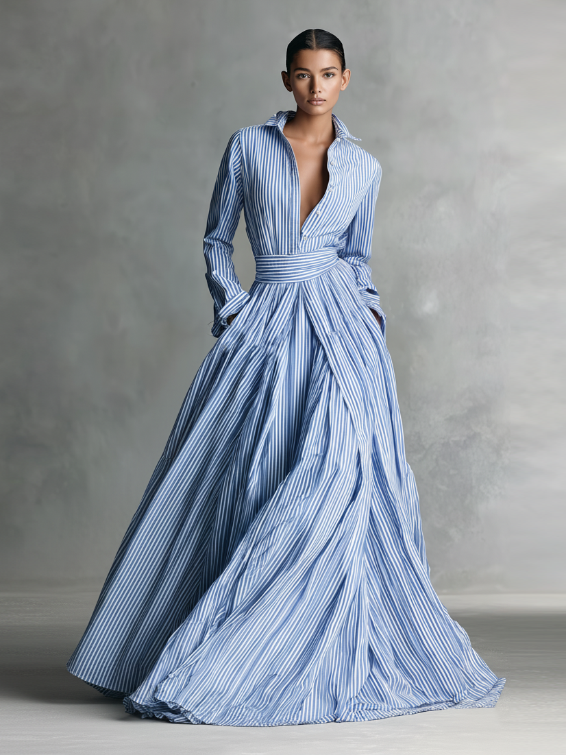 Women's Striped Polyester-cotton Blend Shirt Collar Belt Maxi Dress MDA0656K7Y