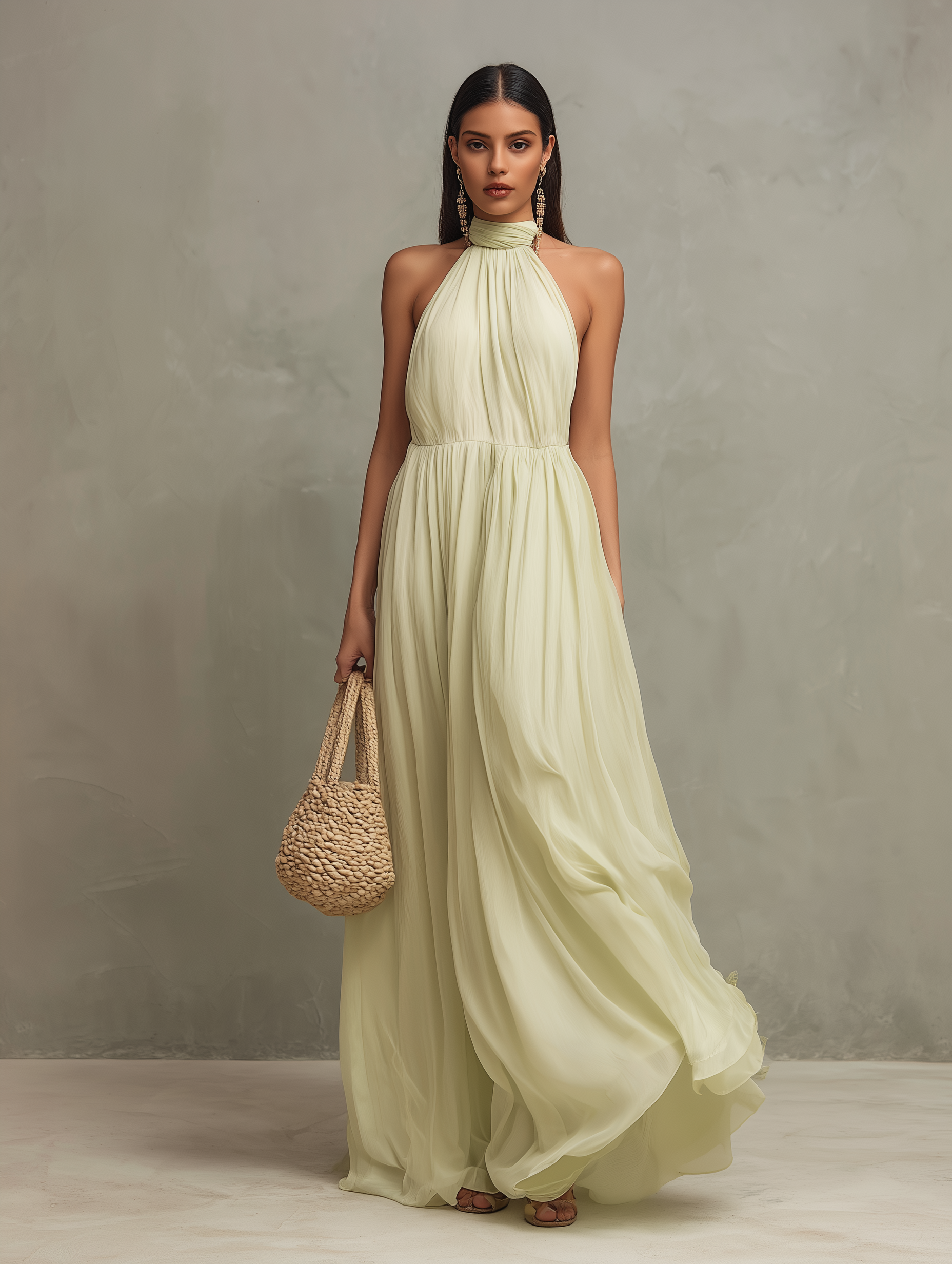 Women's Elegant Light Yellow Chiffon Halter Neck Sleeveless Loose Long Dress MDZ0392C8AN