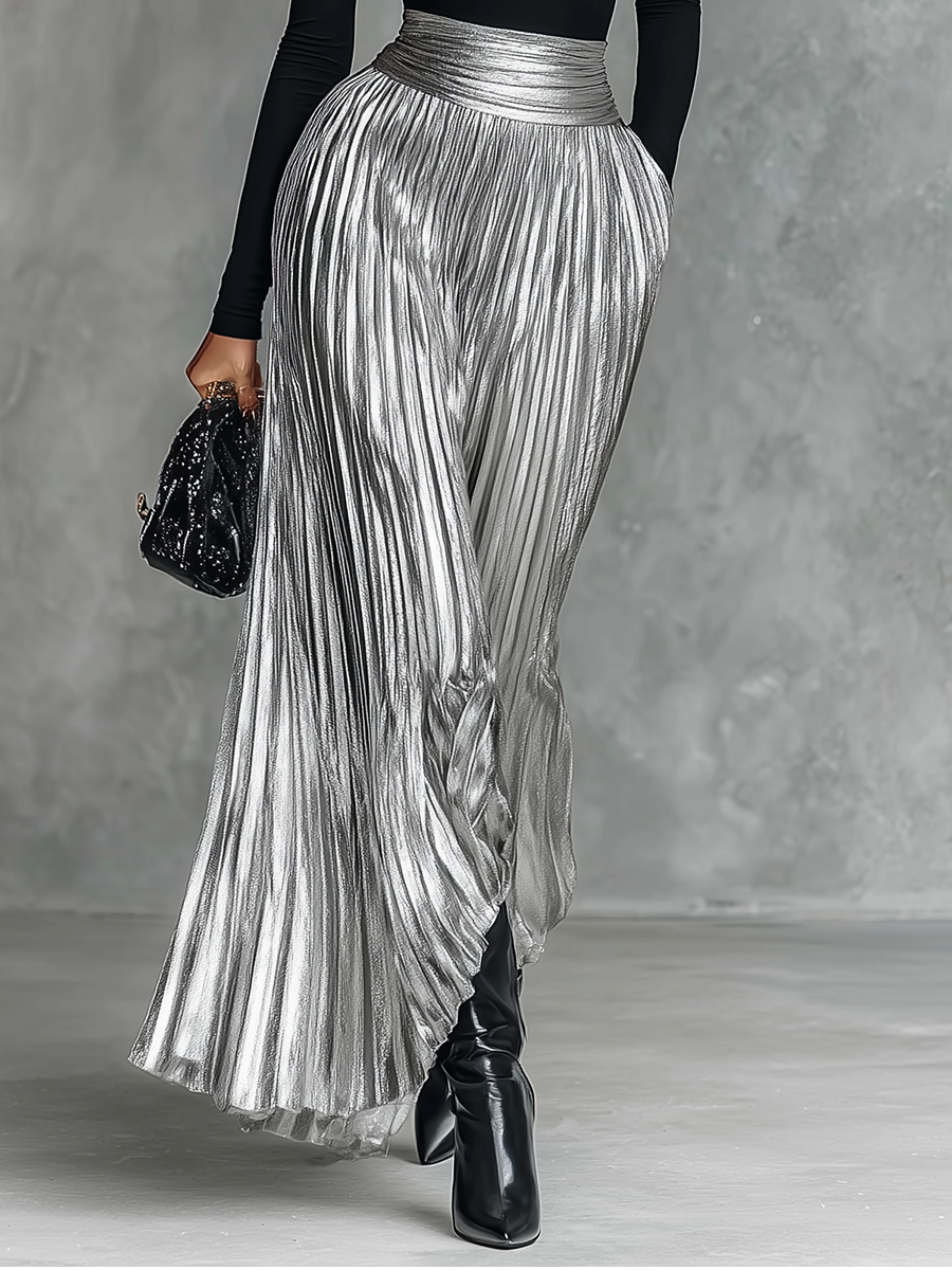 Women's Blended Black Top And Silver Skirt Set MDA1234H4T