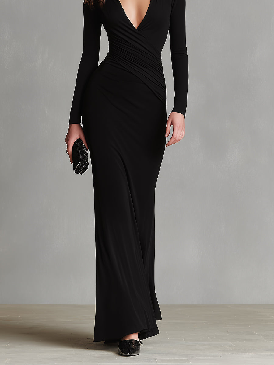 Women's Black Stretch Knit Dress With Long Sleeves & Deep V Detail, Timeless Sleek-Sexy Style Dress MDZ1263A8I