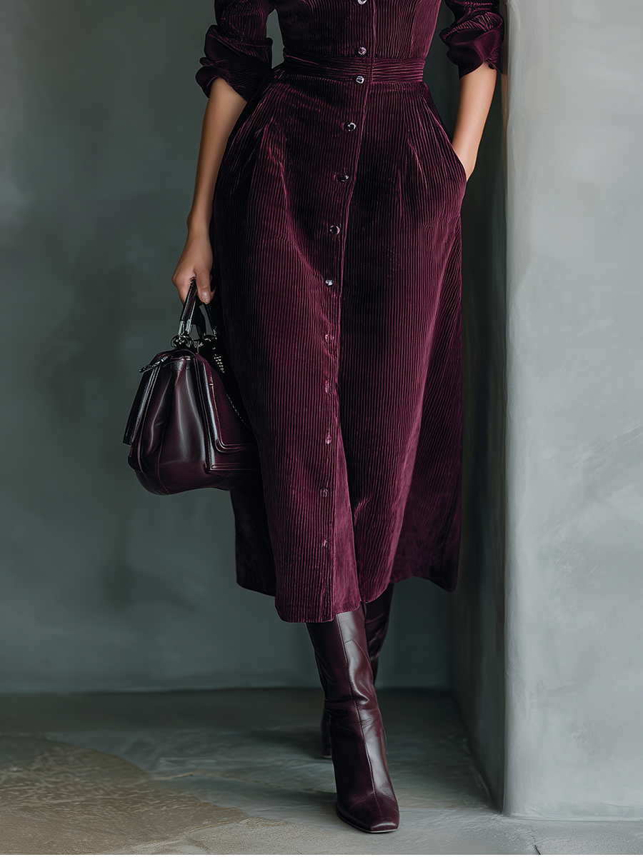 Women's Fuchsia Corduroy Button-Down Waist Midi Dress MDA2287J0T