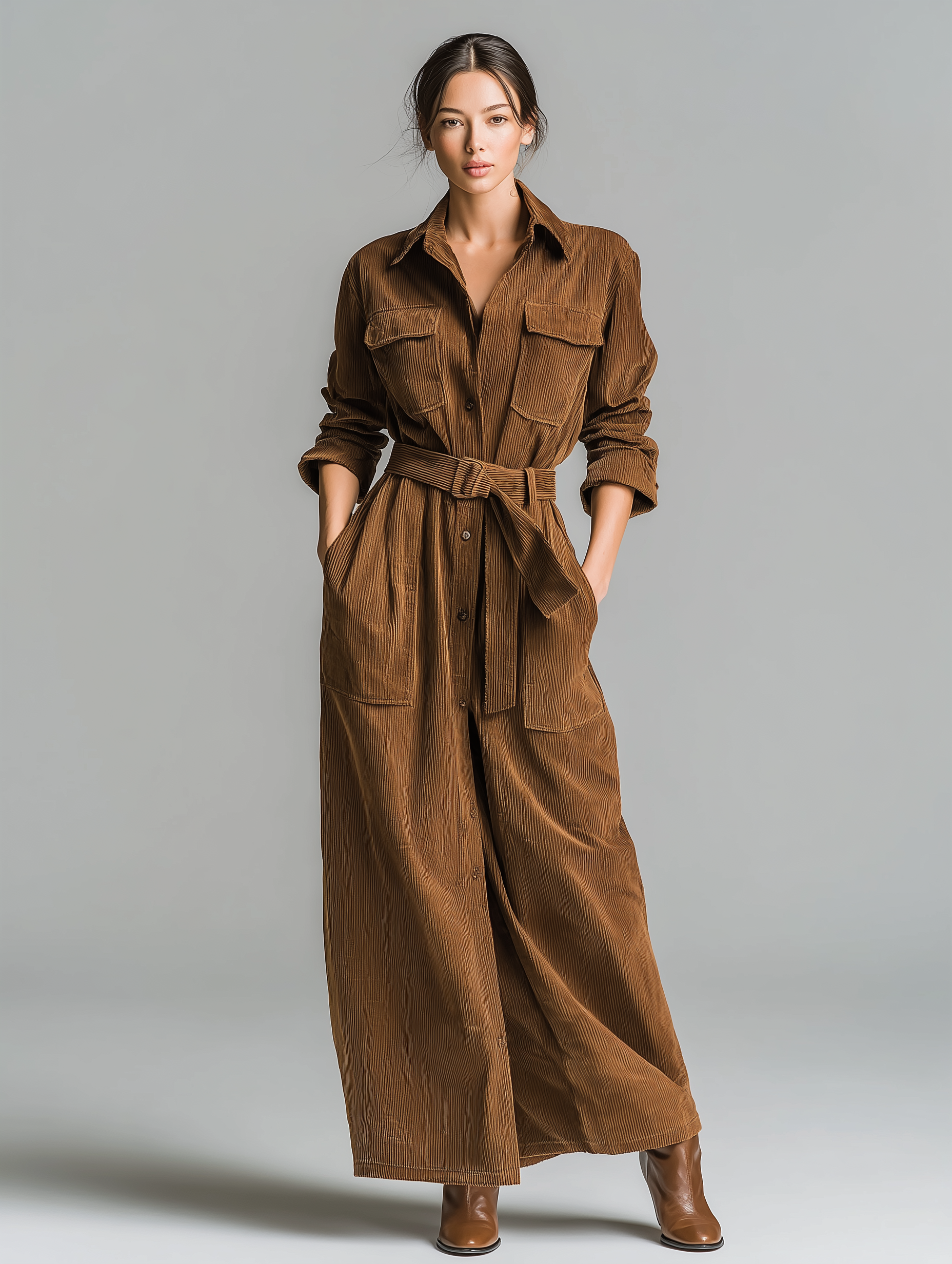 Women's Elegant Camel Corduroy Long-sleeved Shirt Dress MDA1866L7AN