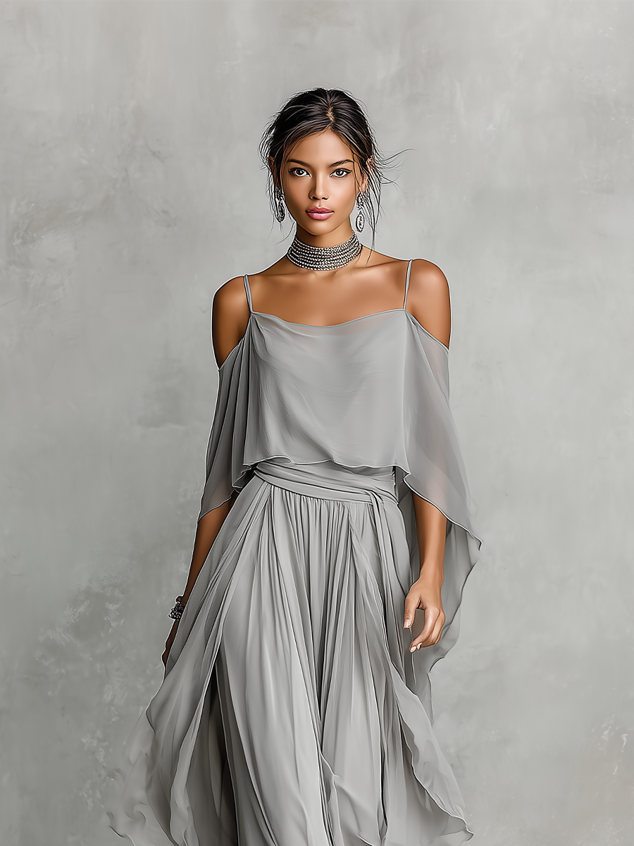 Women's Grey Breathable Chiffon Set With Cold-Shoulder Detail & Flared Silhouette, Contemporary Luxury-Feminine Style Set MDZ2651B6I