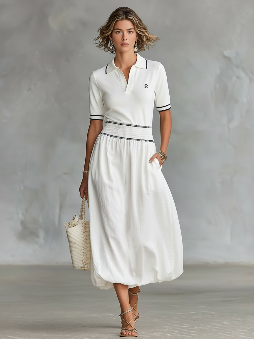 Women's Minimalist Black Trim Short-sleeved Maxi Dress MDA3089L6Y