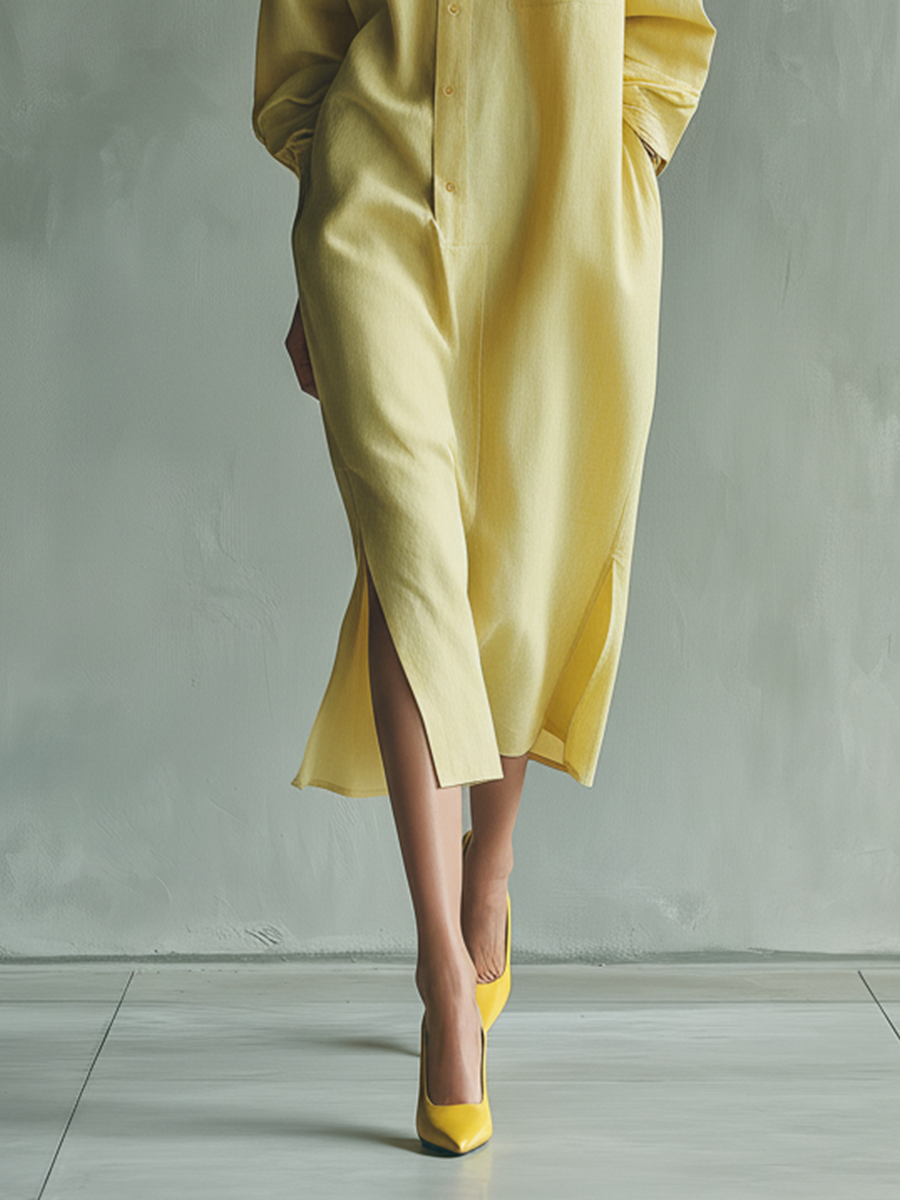 Women's Yellow Linen Fabric Oversized Collared Shirt Midi Dress MDA0925L5T