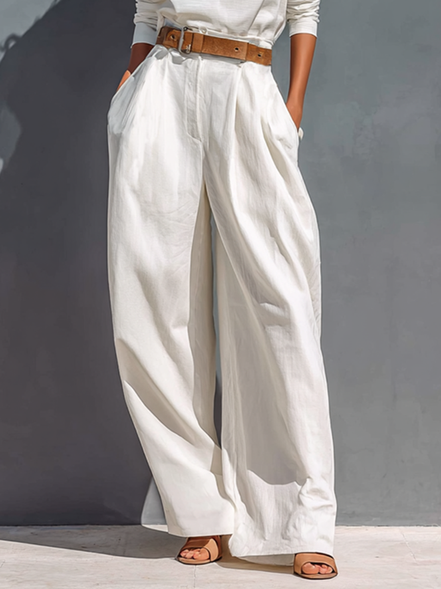 Women's All White Half High Neck Long Sleeve Loose T-shirt Wide Legs Two-piece Set (Belt Not Included)MDA2407G3Y