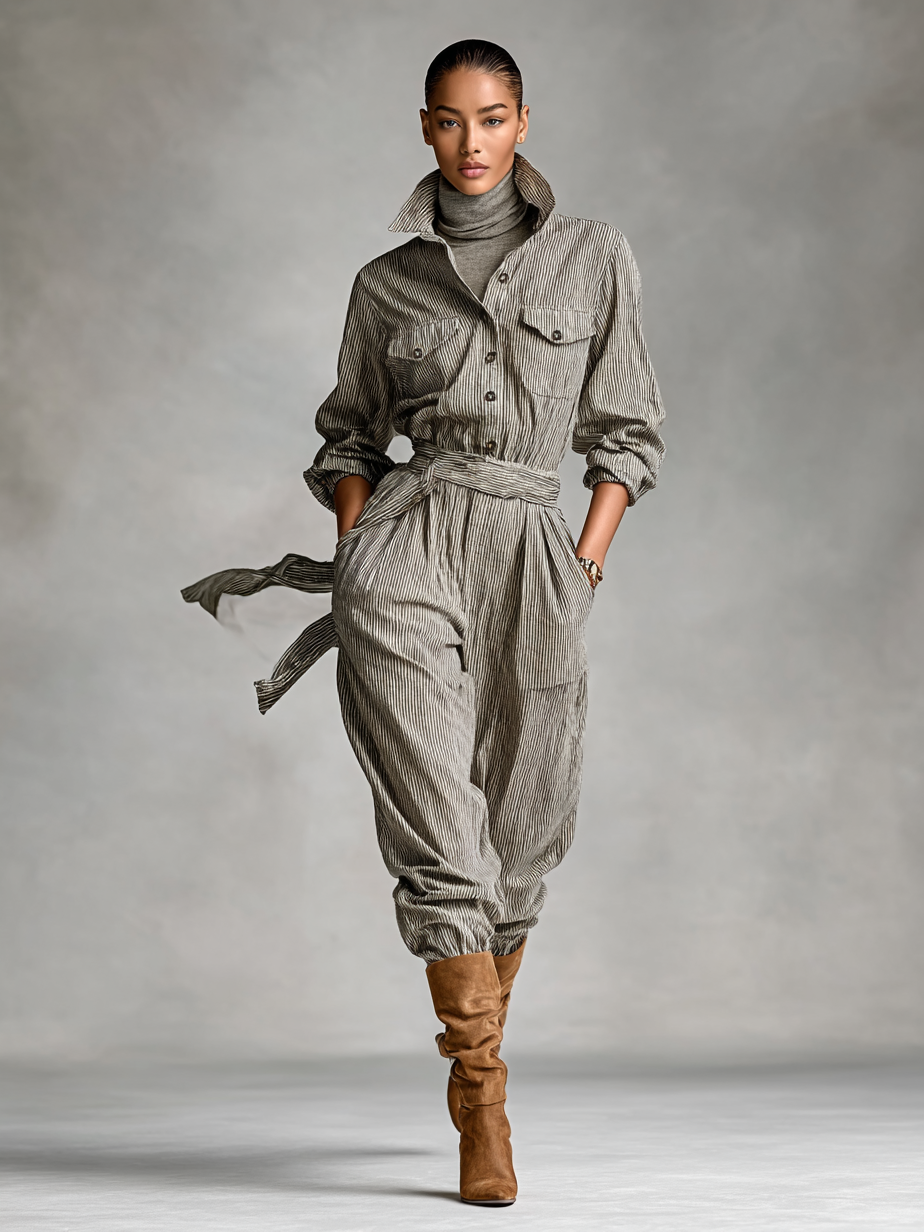 Women's Fashion Striped Lapel Long Sleeve Jumpsuit MDA3015G1Y