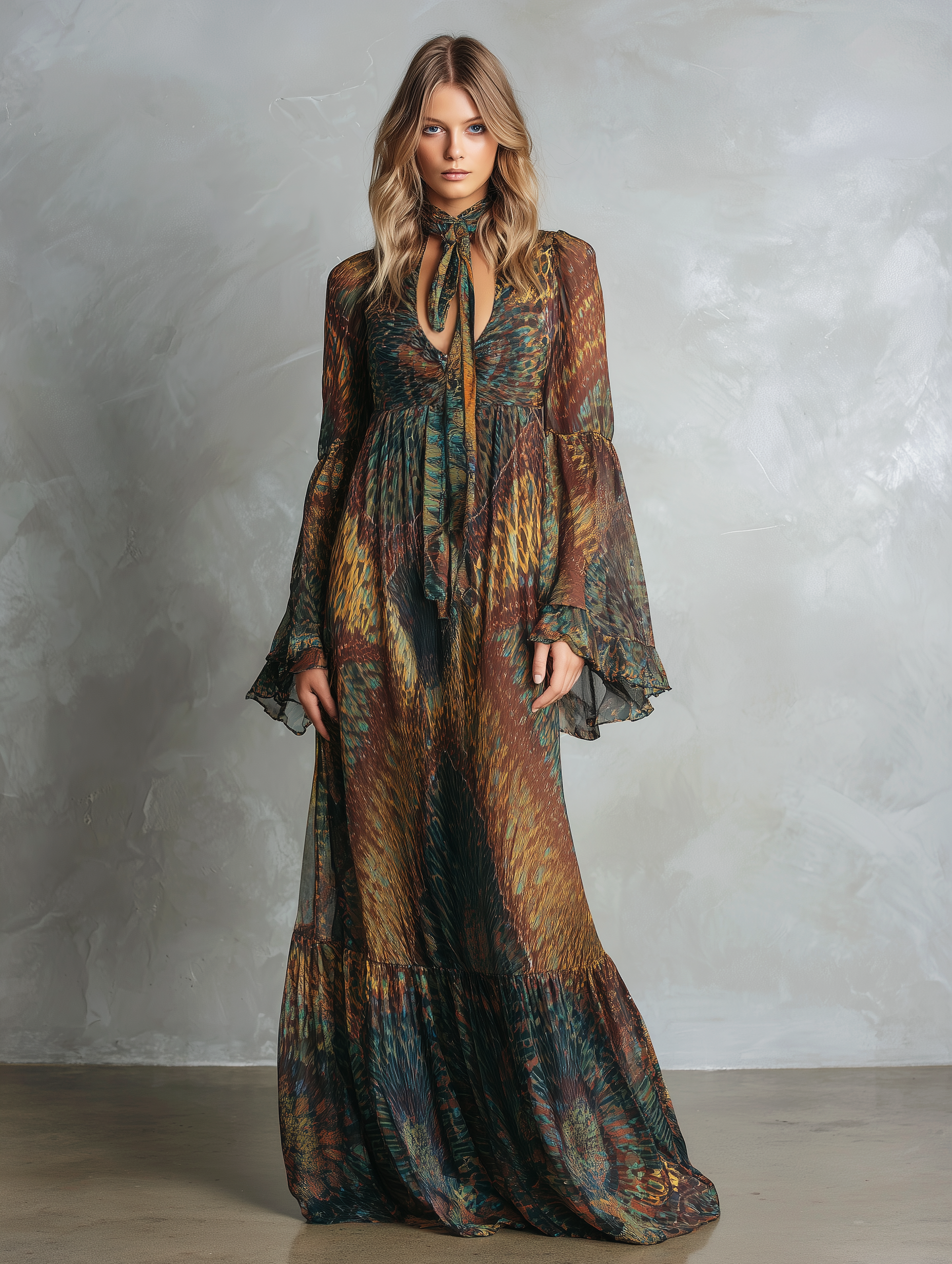 Women's Elegant And Romantic Printed Chiffon V-neck Long-sleeved Loose-fitting Maxi Dress MDZ2648B7AN