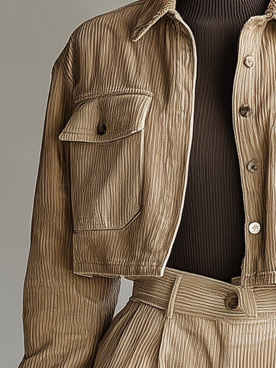 Women's Khaki Corduroy Cropped Jacket MDA0340I3T