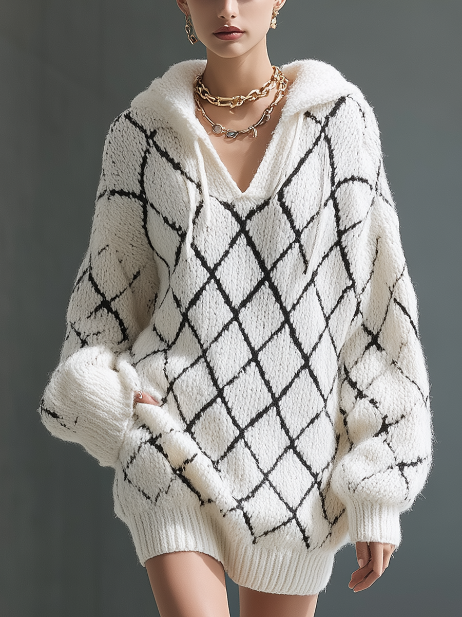 Women's White Diamond-patterned V-neck Loose Knit Sweater Mini Dress MDA0780K2T