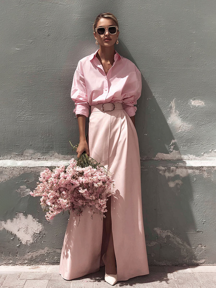 Women's Pink Crisp Cotton Set With Oversized Shirt & High-Slit Skirt, Timeless Romantic Style Set  MDA0941L6I
