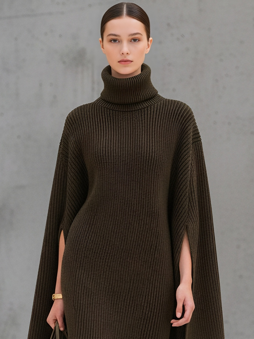 Women's Luxe Knit Olive Green Turtleneck Ribbed Cape-Sleeve Midi Dress MDA1563L2AU