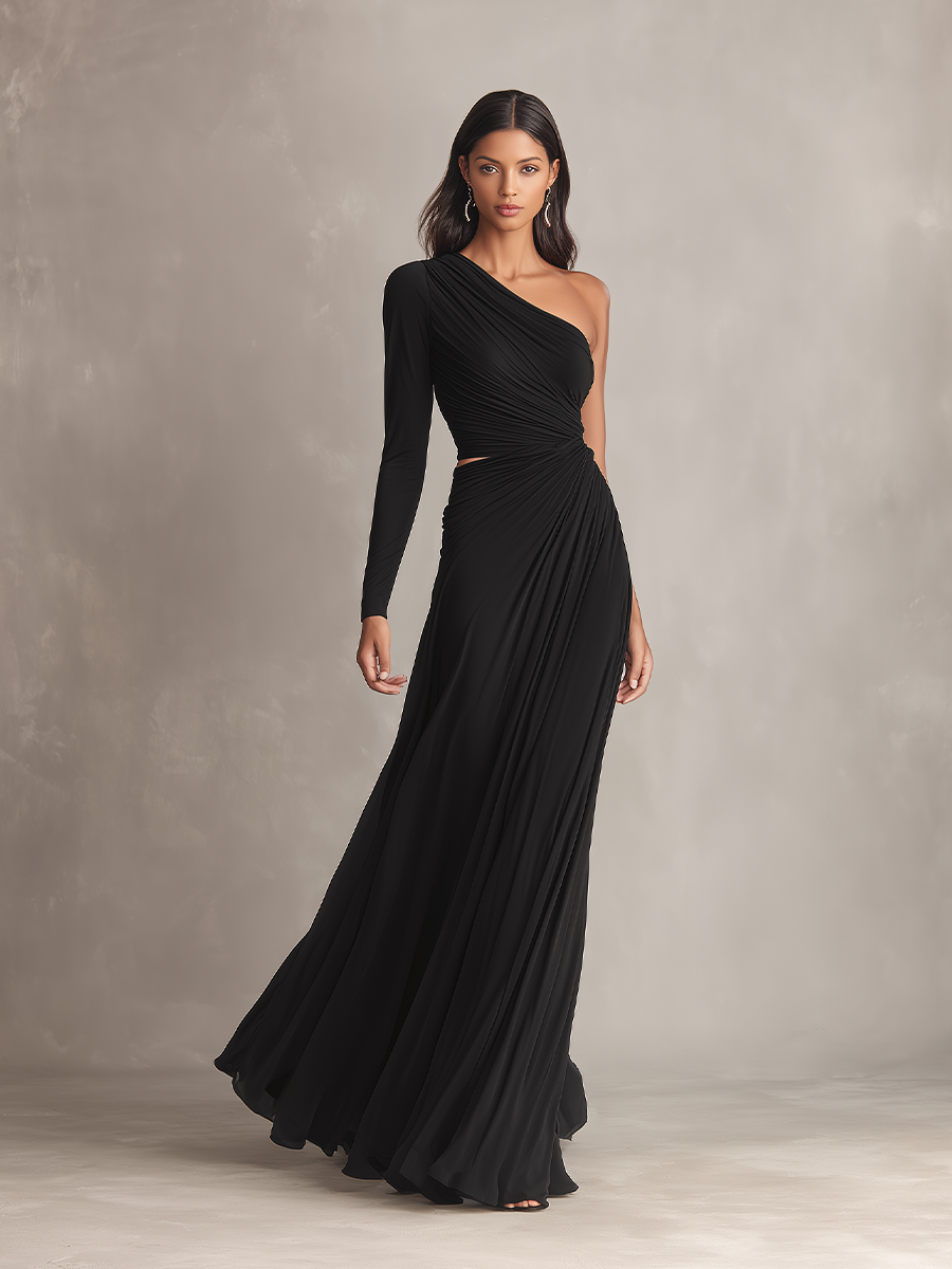 Women's Black Stretch Knit Dress With One-Shoulder Design & Cutout Detail, Timeless Sleek-Sexy Style Dress MDZ0987A0I