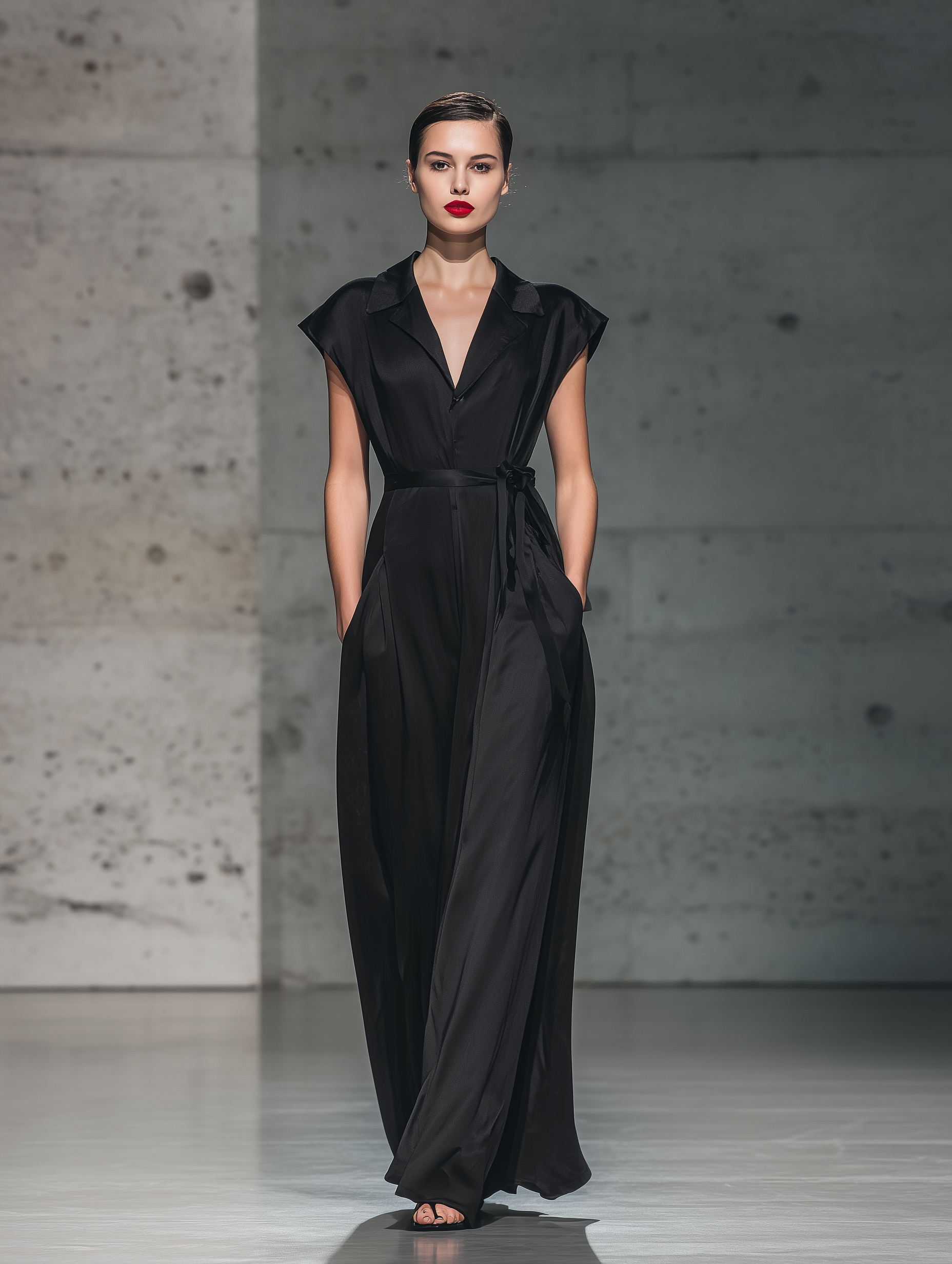 Women's Elegant Black Satin Short-sleeved Shirt Dress With Collar And Belt MDZ0674A2AN